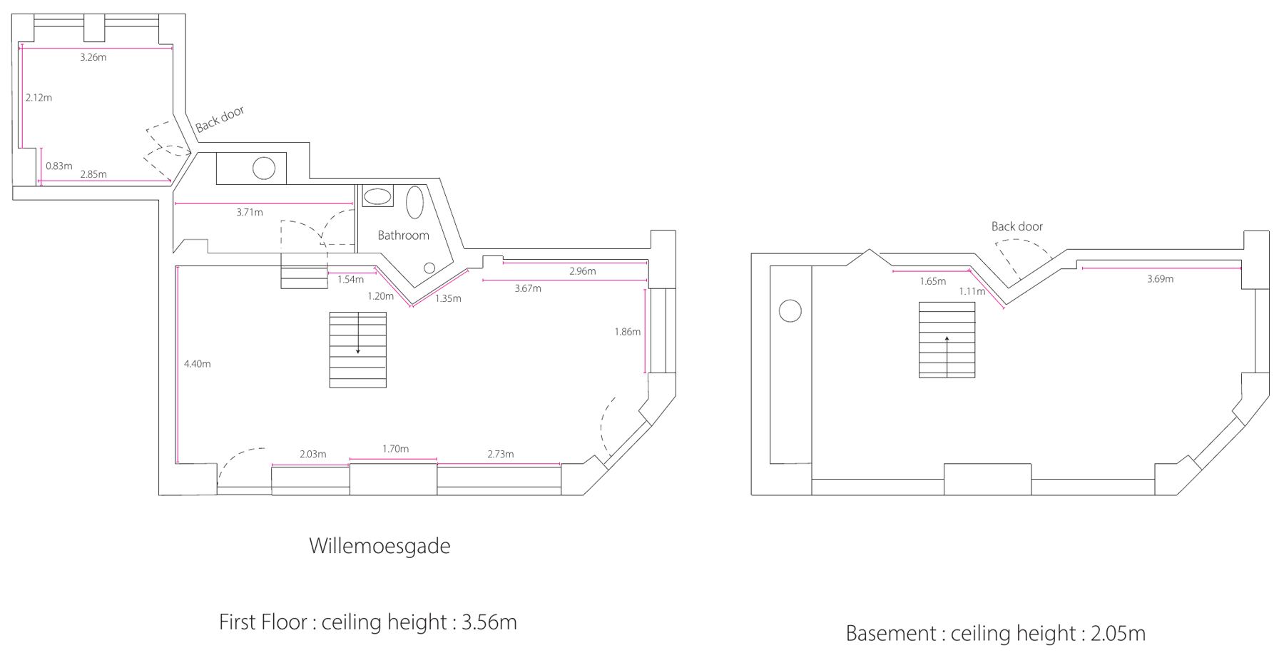 Plantegning af stueetage (loftshøjde 3,56 m) og kælder (loftshøjde 2,05 m) mod Willemoesgade